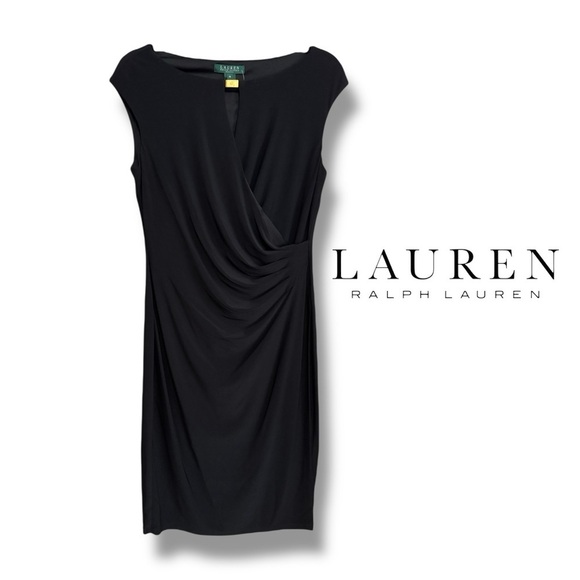Lauren Ralph Lauren Essentials Black Faux Wrap Crossover Keyhole Dress SZ 10 NWT - Picture 3 of 9